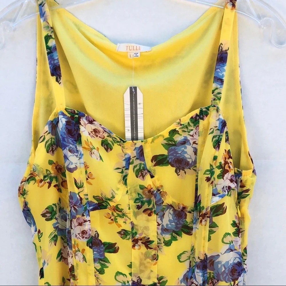 NWT TULLE Womens large Sleeveless Yellow Floral Boning Waist dress (runs small) - Picture 3 of 8